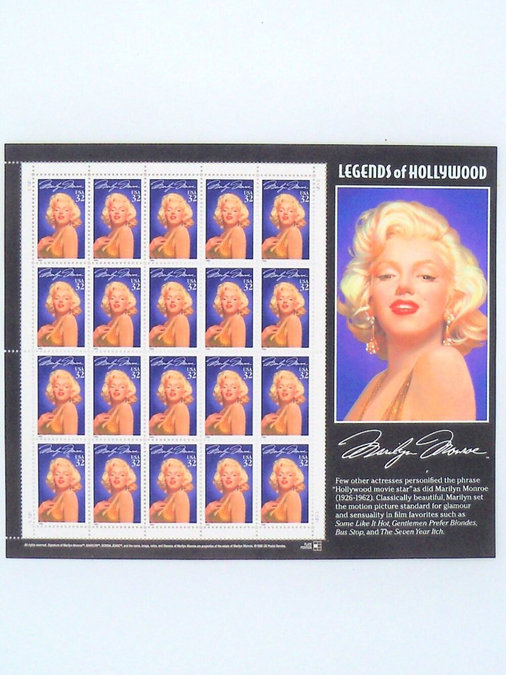 Marilyn Monroe Legend of Hollywood 1995 32 cent Stamp Sheet